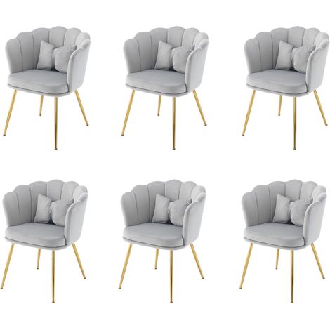Lot de 6 chaises, chaises coquillage, pieds en métal, coussins papillon,fauteuil de salon, Convient pour la salle à manger de la chambre, velours, Gris (1/5)