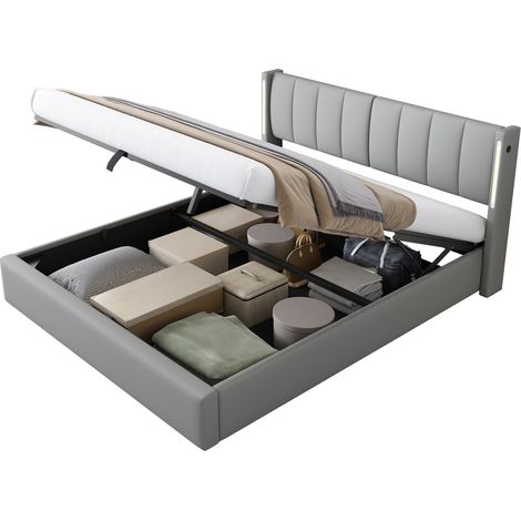 CHICFURN Cama tapizada 180x200 cm con LED, puerto USB-C recargable, cabecero regulable en 3 posiciones, almacenaje bajo la cama y acabado gris en cuero regenerado impermeable (1/5)