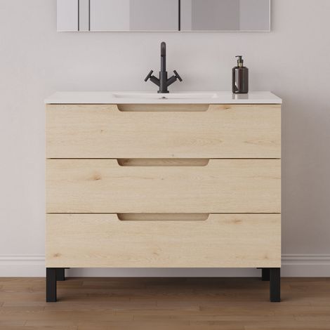Meuble de salle de bain 100cm simple vasque - 3 tiroirs - sans miroir - roble calima (bois clair) - RIZA (1/5)