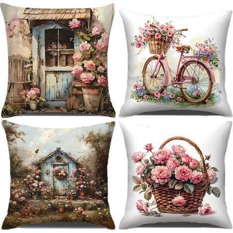 Fodera per cuscino floreale 45x45 cm, set di 4 fodere decorative retrò floreali dipinte a mano per divano, federa in tessuto di lino lavabile per esterni (1/4)