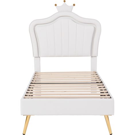 Lit enfant rembourré 90 x 200 cm, cadre de lit pour fille, cadre de lit double blanc en forme de couronne en cuir PU avec éclairage LED, sommier à lattes et dossier (matelas non inclus) (1/5)
