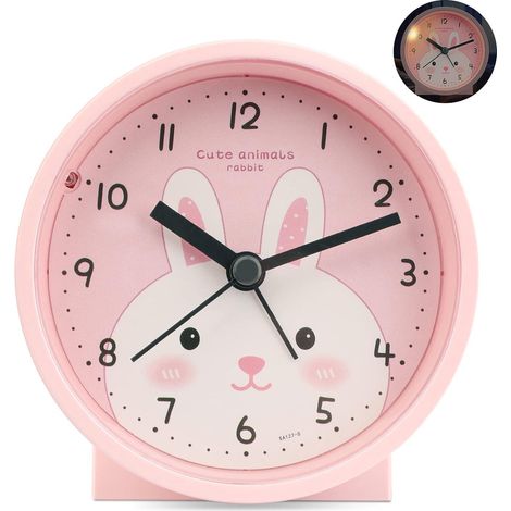 Réveil enfant voyage, réveil analogique quartz léger compact, silencieux non répétitif, fonction répétition et veilleuse, couleur rose, pour chambre et déplacements. (1/5)