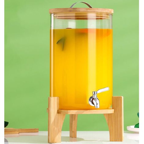 Distributeur de boissons - Distributeur de bar - Carafe en verre de 7,5 litres avec robinet en acier inoxydable et couvercle en bambou - 1 pièce - Blanc (1/5)