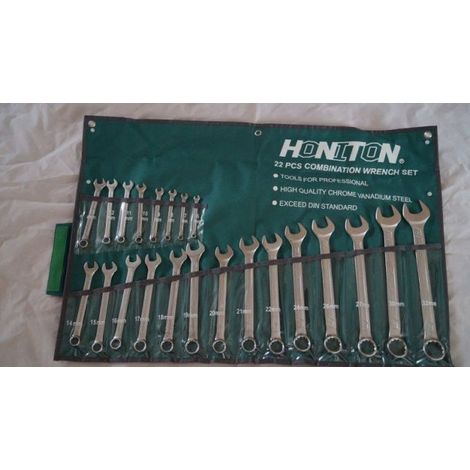 Juego de llaves combinadas plana-ojal Honiton, modelo 22 piezas, tamaños de 6 a 32mm, ideal para trabajos de alta precisión, durabilidad superior, diseño ergonómico y versatilidad.