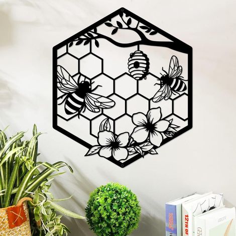 Décoration murale en métal – Abeille à miel et ruche avec fleurs – Décoration murale en métal pour salon, chambre, jardin, bureau, maison (28,3 x (1/5)