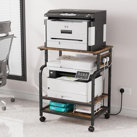 3-Tier Rolling Printer Stand with Outlets, Adjustable Storage Shelf Cart for Office, 3D Printers, Heat Press (1/5)