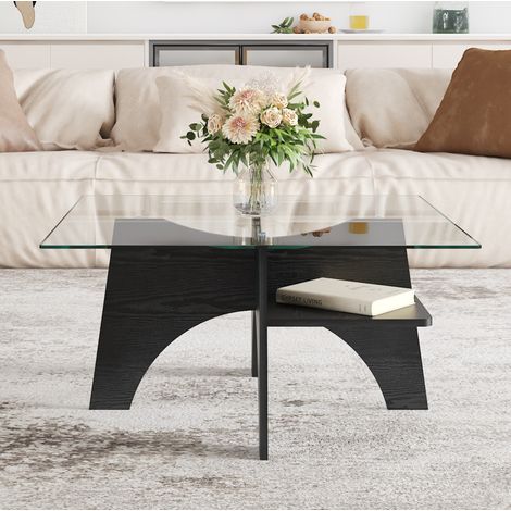 Table basse 80 x 80 x 40 cm en verre de sécurité, structure MDF noir aspect bois, avec tablette de rangement, charge jusqu'à 120 kg – de FLORAGRACE (1/5)