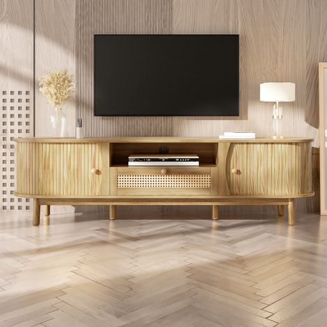 Meuble TV en Rotin 165 cm, Meuble TV avec Portes en Bois Massif et Tiroirs - Console de Rangement à Façade Basse - Campagnard - Natural