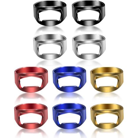 10 abridores de botellas de anillo, Abridor de botellas de cerveza de acero inoxidable para dedos, Negro, Plateado, Rojo, Amarillo, Azul (1/5)