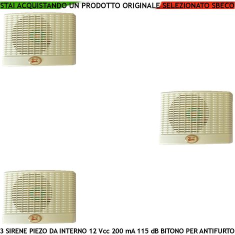 Sirena Antifurto da Parete Interna 3 Pezzi Diffusore Piezoelettrico Acustica 115 dB Morsetti Polarizzati Alimentazione 12 Vcc Assorbimento 200 mA Bitonale A/B 1500 +/- 4000 Hz Contenitore ABS IP32 (1/2)