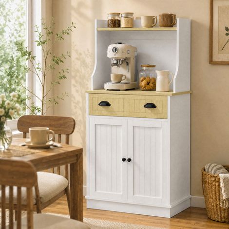 Armoire Micro-Ondes Cuisine, Espace Ouvert, 1 Tiroir, Placard 2 Portes, 61x35x125,4 cm, Chêne (1/5)