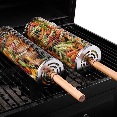 Panier à barbecue à roulettes - Le meilleur panier à barbecue qui soit, grille ronde en acier inoxydable - Grand compartiment avec 2 poignées en bois, 2 crochets et 2 fourchettes (1/2)