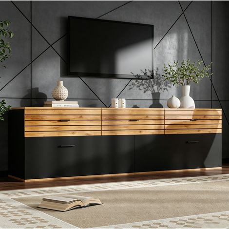 Mobile porta TV per schermi fino a 65 pollici, con 2 ante a ribalta e 3 cassetti, in MDF nero e legno naturale, dimensioni 168x38x59 cm (1/5)