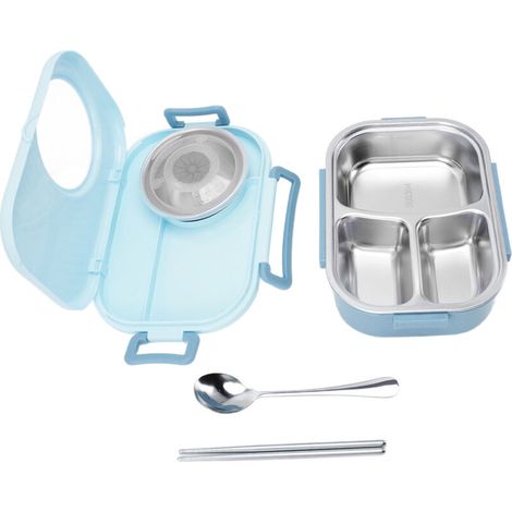 Isolierte Bento-Box mit Edelstahlfächern, doppelwandig, ideal für Studenten, blau.