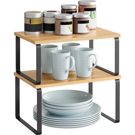 Étagère à Épices, Lot de 2, Organisateur de Placard, Étagère de Rangement de Cuisine Extensible, Porte-épices Empilable, Métal, Bois d’Ingénierie, Noir d'encre et Beige Naturel