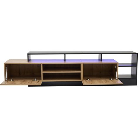Meuble TV moderne pour téléviseurs jusqu'à 70 pouces en bois aggloméré couleur bois naturel avec cadre noir et éclairage LED (1/5)