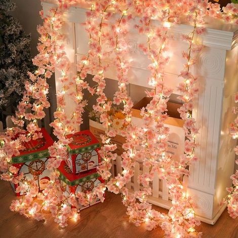 2 guirlandes lumineuses de 4,9 m de long avec motif de fleurs de cerisier, fleurs artificielles, 50 LED, guirlande de fleurs en soie, rose, à suspendre à l'intérieur et à l'extérieur. (1/5)