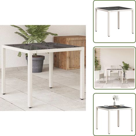 The Living Store Table de jardin dessus en verre blanc 90x90x75cm résine tressée - Table De Jardin - Table Extérieure - Mobilier De Jardin - Table En Résine Tressée - Table Blanche