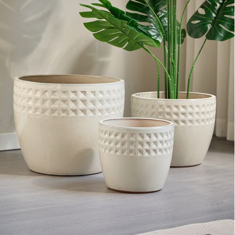 Set di 3 vasi da fiori in ceramica 38/30,5/23 cm bianco lucido con drenaggio – MEUBLIV (1/5)
