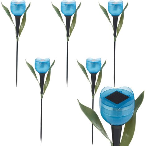 Lot de 6 lampes de jardin solaires LED en forme de tulipe – Éclairage décoratif d'extérieur sur pied pour terrasses et jardins (Bleu) (1/4)