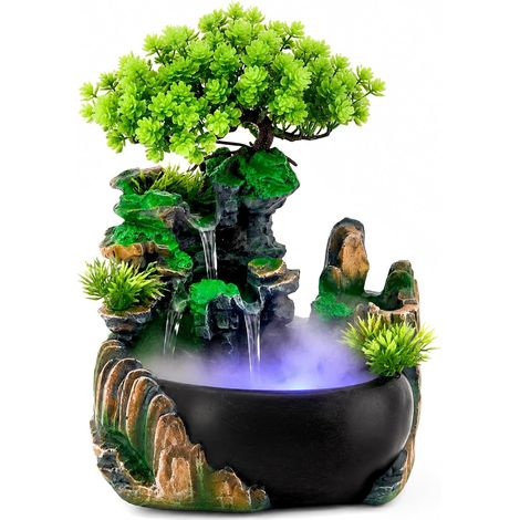 Fontaine d'intérieur de table avec fonction d'humidification, effet cascade  Avec LED et plantes, roue Feng Shui, effet cascade, fontaine d'intérieur silencieuse, décoration de bureau pour salon burea (1/5)