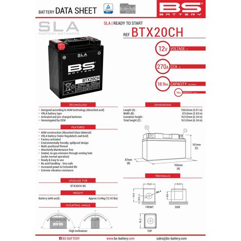BATTERIA BS BTX20CH (FA) (YTX20CH-BS, YTX20A-BS) 12V 18AH 150X87X161 SENZA MANUTENZIONE - A ACQUA LIBERA (270A) (4)