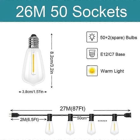 Guirlande lumineuse d'extérieur ampoules LED ST38 pour patio terrasse garden-party prise US 26 m 50 ampoules (1/5)