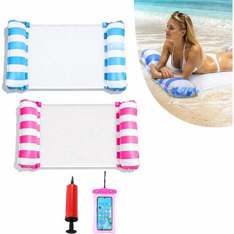 Hamac gonflable pour piscine, matelas flottant à deux tubes avec pompe à air, chaise de piscine pliable pour adultes et enfants, rose et bleu (1/5)