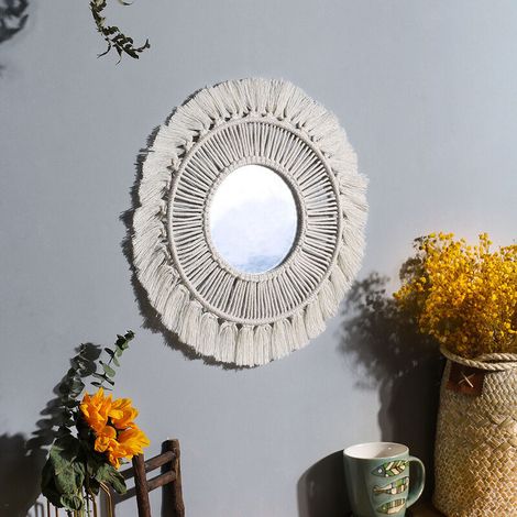 Ahlsen Boho-Makramee-Wandspiegel mit Fransen und Holzperlen, Feder-Anhänger, runder Wandkunst-Spiegel für Schlafzimmer, Flur, Wohnzimmer, Heimdekoration (Beige)