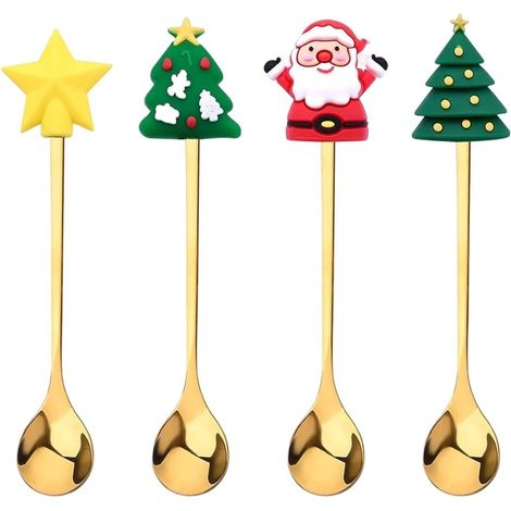 Cuillère De Noël - En Acier Inoxydable - Motif Arbre De Noël Père Noël Étoile - 14,8 Cm - Lot De 4 (1/5)