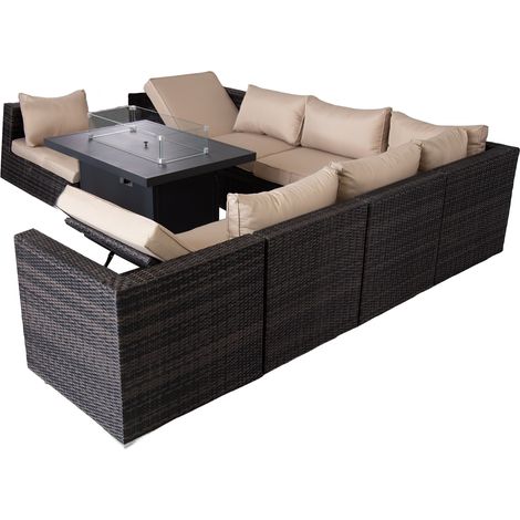 Rattan 9 Piece Modular Outdoor Recliner Garden Sofa with Fire Pit Table Set - Mix Brown