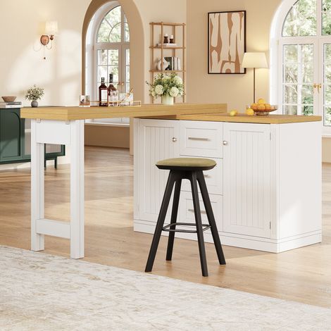 Îlot central de cuisine extensible 120-197x40x74 cm, table de bar pivotante 360°, plan de travail, tiroir, placard, rangement latéral, blanc (1/5)