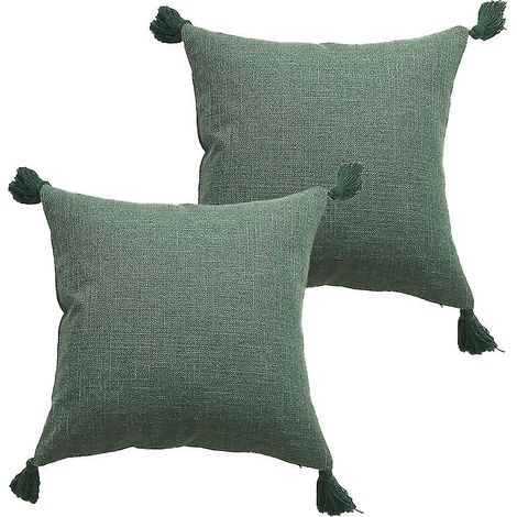 Set mit 2 Kissenbezügen aus Baumwolle und Hanf für Sofa, mit Quasten, ungefüttert – grün (1/5)