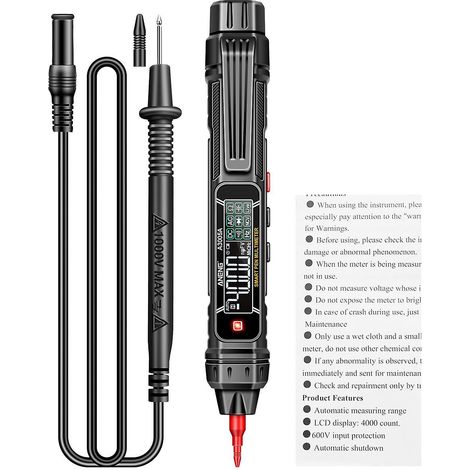 Multimètre numérique intelligent professionnel ANENG A3005A/B avec stylet de mesure pour la séquence de phases et la mesure de tension alternative – Configuration standard A3005A – Noir