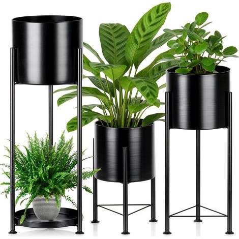 Schwarzes Metall-Blumenbeet, Blumenständer, Topf, Garten-Set, 3-teilig