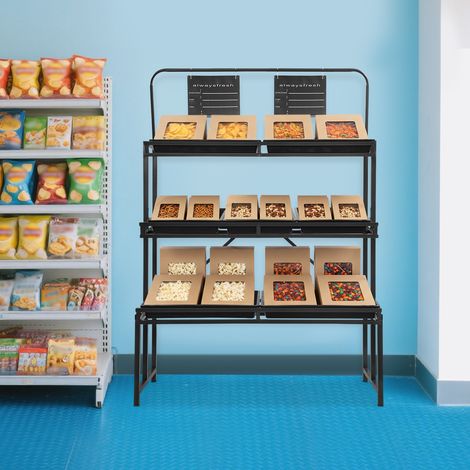 Aufbewahrungsbrett für Obst und Gemüse mit abnehmbaren Aufbewahrungsboxen Supermarkt-Präsentator Dreistöckiger Aufbewahrungsbrett mit 7 festen Platten Geeignet für Snacks, Getränke Schwarz 120 x 60 x (1/5)