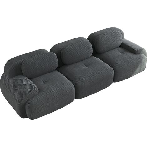 Divano Modulare 298x103x75 cm, 3 Posti, con Braccioli Curvi, Confort Iper-Elastico, in Velluto a Coste, Grigio, per Soggiorno