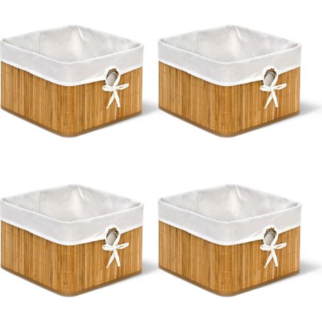 Set of 4 Relaxdays Storage Basket, Fabric Lining, Bamboo, Rectangular, Bathroom, Accessories, HxWxD: 20x31x31cm Natural
