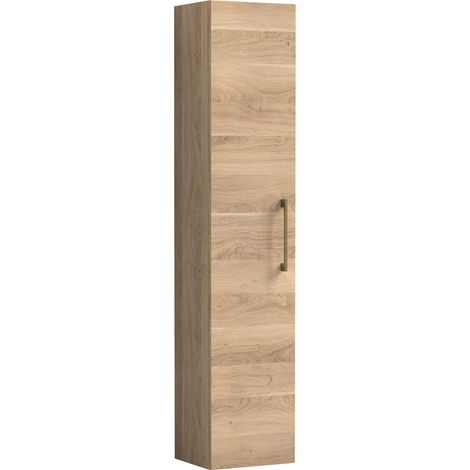 Balterley Bramshall Modern Bathroom 1 Soft Close Door Wall Hung Tall Storage, Woodgrain Light Oak with Brushed Brass Handle, 300mm