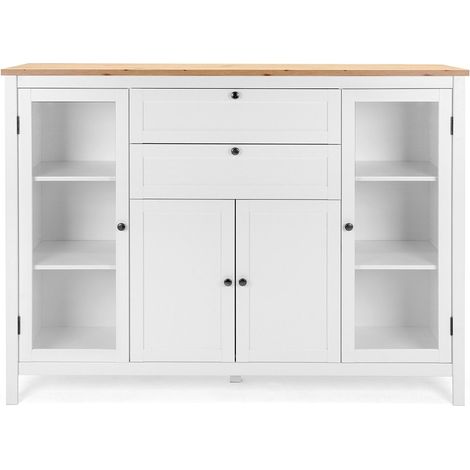 Buffet haut 4 portes 2 tiroirs 160x40x120 cm blanc et naturel - BARGAN (1/3)