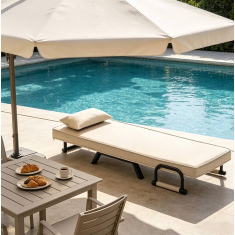 Poltrona letto 65x78x75 cm beige in lino e metallo 3 in 1 con schienale regolabile (1/5)