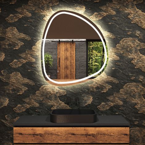 Miroir de salle de bain LED - Miroir 74x74cm asymétrique - Interrupteur tactile - Blanc Froid - (EGG223) (1/5)