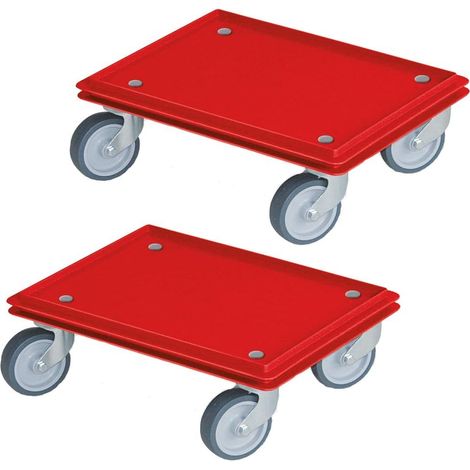 BRB Lot de 2 roulettes pour bac 400 x 300 mm, capacité de charge 100 kg, 4 roulettes pivotantes, roues en caoutchouc gris, rouge
