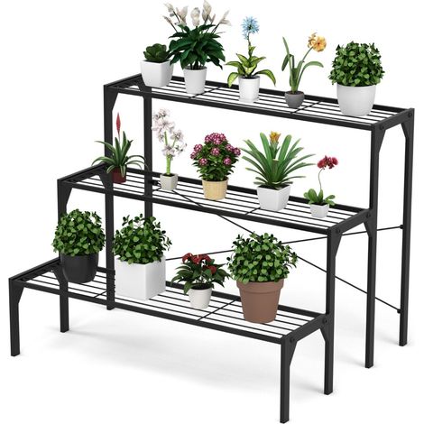 Supporto per piante a 3 ripiani 85 x 65 x 66 cm ideale per uso interno ed esterno crea un'atmosfera accogliente metallo nero 200020822