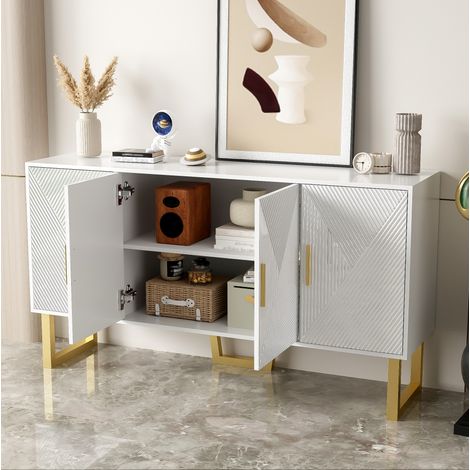 Sideboard en MDF et panneaux de particules blanc, 150 x 40 x 82 cm, 4 portes, étagères réglables, façades brillantes (1/5)