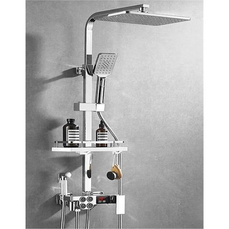 Ensemble de douche mitigeur thermostatique intelli Ensemble de douche noir en cuivre complet for salle de bain, bouton à double rangée, affichage numérique thermostatique, douche à main à 4 vitesses ( (1/5)