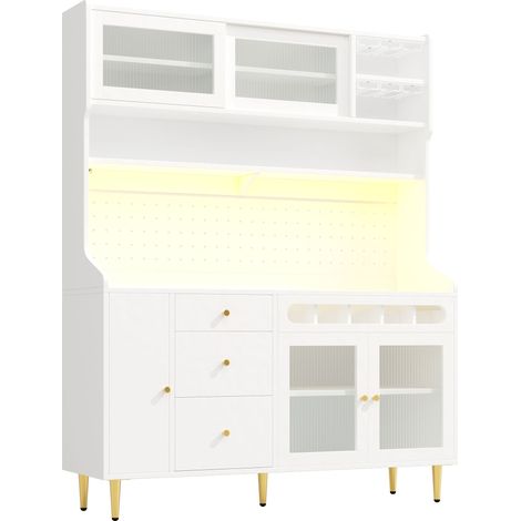 ELVMI Küchenschrank mit 1 Schublade, 3 Verstellbaren Einlegeböden, Glasschiebetür und LED, aus MDF, Weiß