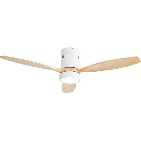 Ventilador de techo con luz LED, 3 aspas, motor reversible silencioso y control remoto color blanco y madera natural (1/5)