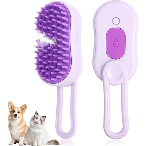 Brosse vapeur pour chat, peigne démêlant 3 en 1 avec spray, brosse vapeur pour toilettage des animaux et peigne démêlant (violet) (1/5)
