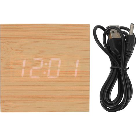 Réveil LED en Bois Naturel Carré 12 Cm Affichage Température Double Fonction Silencieux Rechargeable USB pour Chambre Bureau Nuit Éclairage Blanc Douce (1/5)